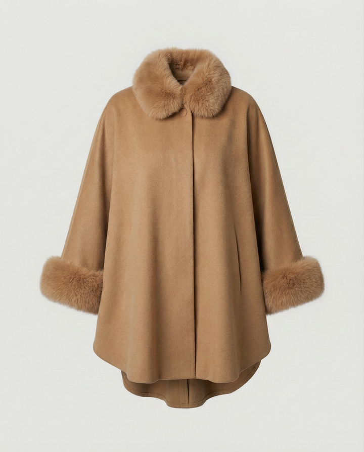 Faux Fur Trim Cape Jacket | Button Front | Winter Overcoat-Fashion Nora