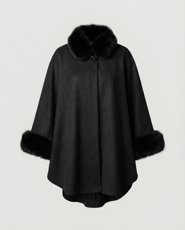 Faux Fur Trim Cape Jacket | Button Front | Winter Overcoat-Fashion Nora