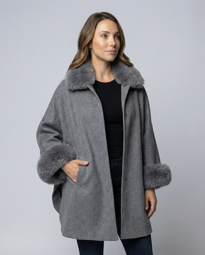 Faux Fur Trim Cape Jacket | Button Front | Winter Overcoat-Fashion Nora