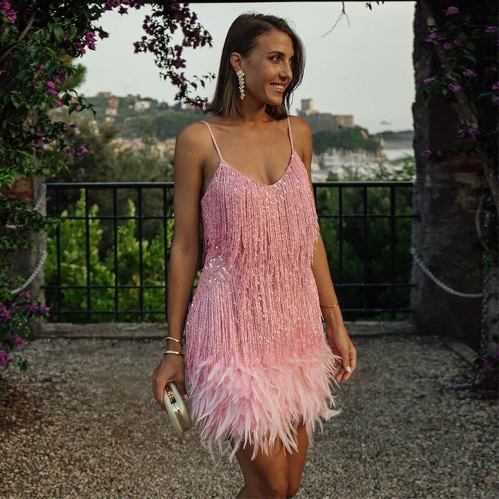 Feather Dress | Mini | Sequin Fringe | Women's Party Dress-Fashion Nora
