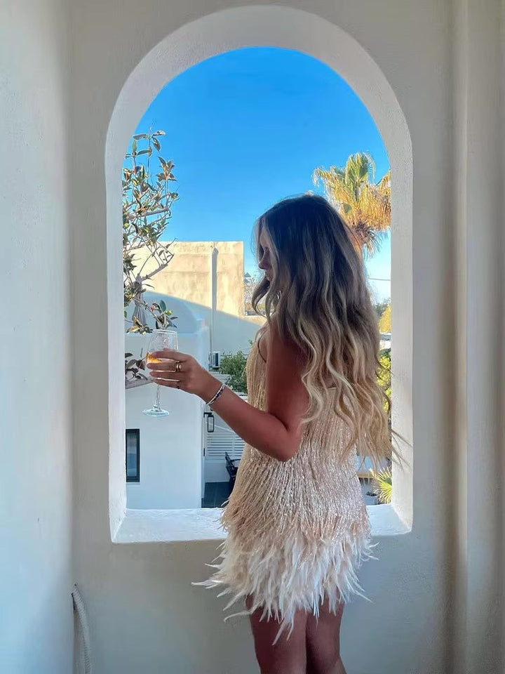 Feather Dress | Mini | Sequin Fringe | Women's Party Dress-Fashion Nora