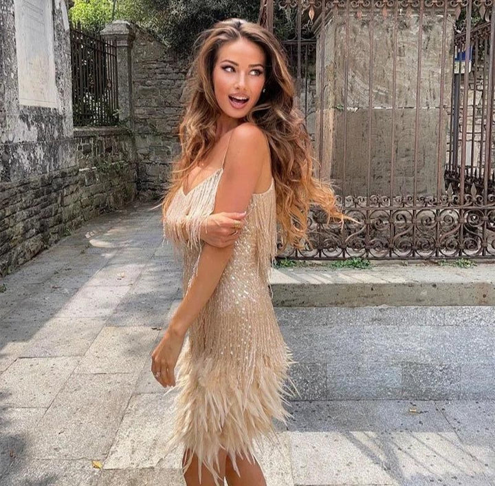 Feather Dress | Mini | Sequin Fringe | Women's Party Dress-Fashion Nora