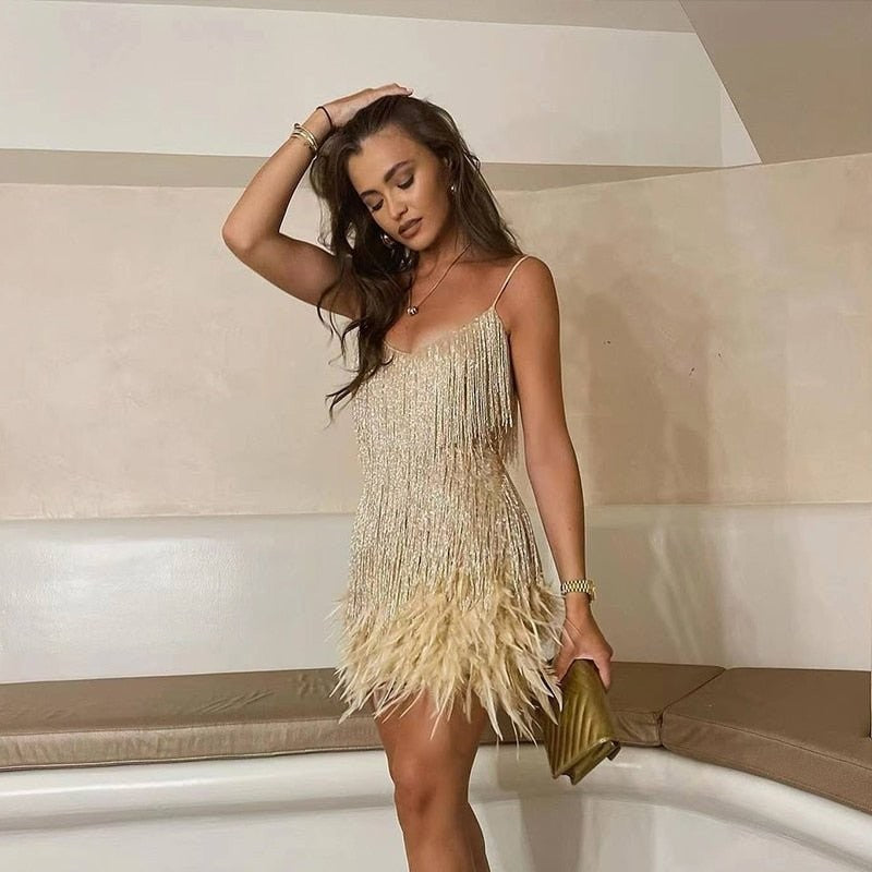 Feather Dress | Mini | Sequin Fringe | Women's Party Dress-Fashion Nora