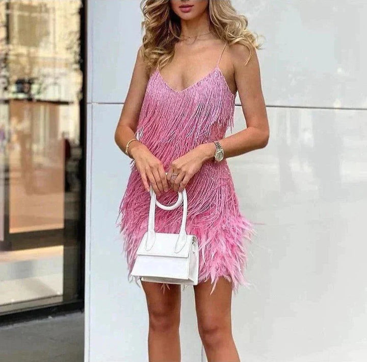 Feather Dress | Mini | Sequin Fringe | Women's Party Dress-Fashion Nora