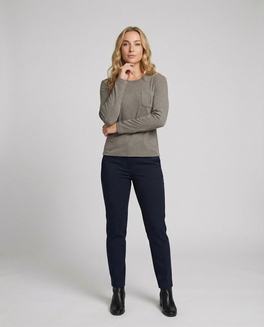Fleece-Lined Long Sleeve Top | Crew Neck | Side Pockets-Fashion Nora
