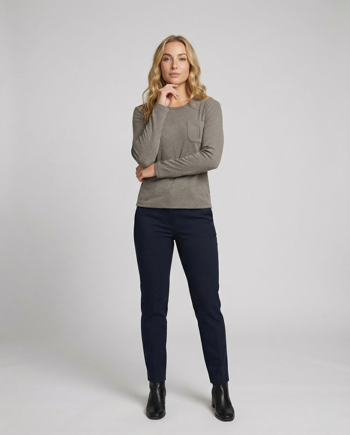 Fleece-Lined Long Sleeve Top | Crew Neck | Side Pockets-Fashion Nora