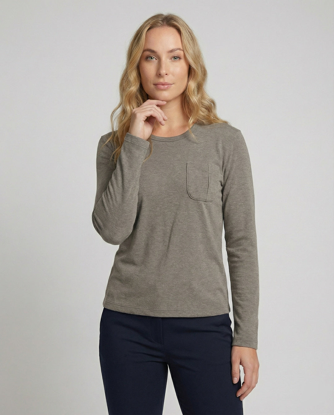 Fleece-Lined Long Sleeve Top | Crew Neck | Side Pockets-Fashion Nora
