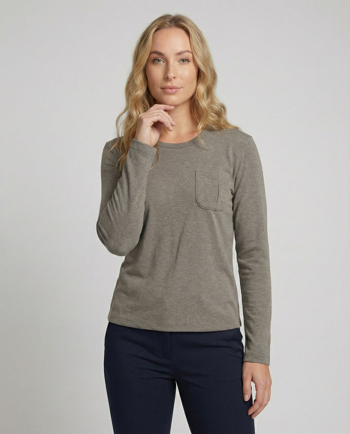 Fleece-Lined Long Sleeve Top | Crew Neck | Side Pockets-Fashion Nora