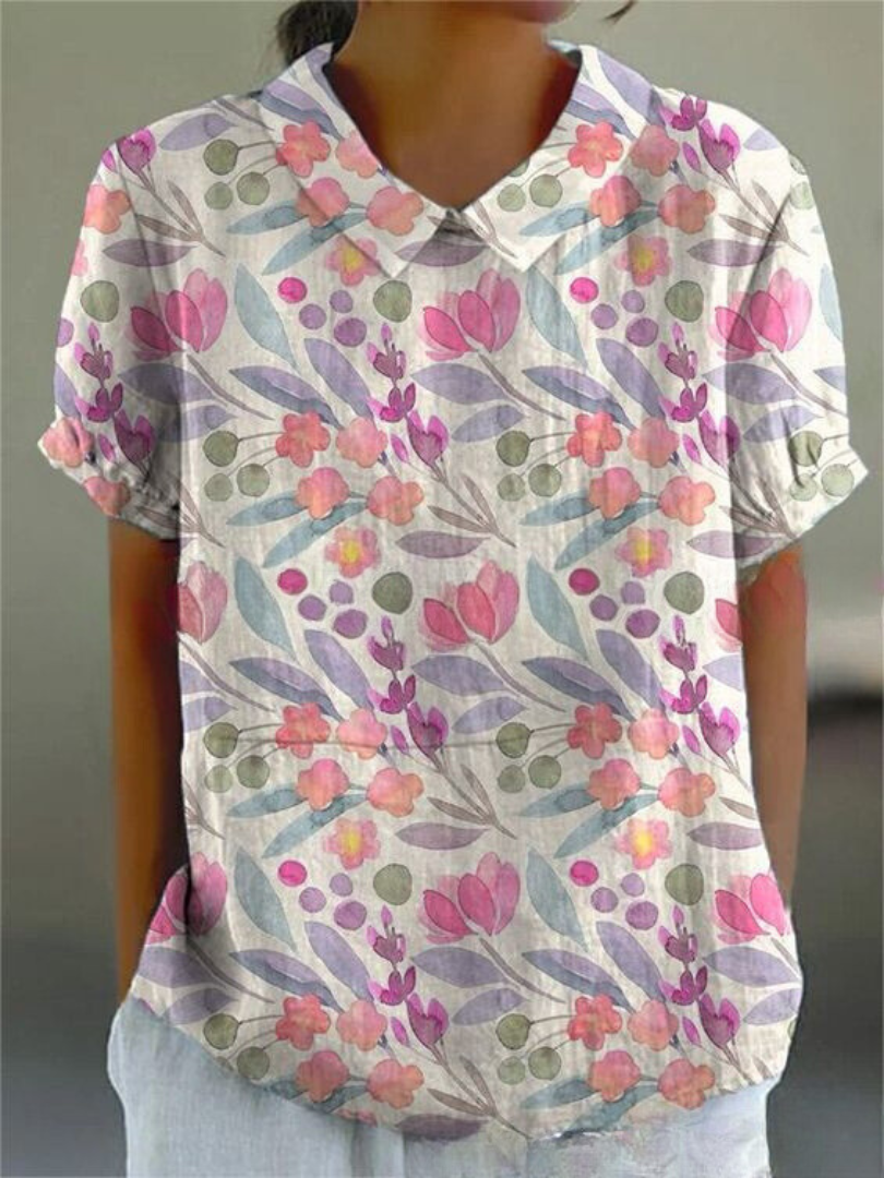 Floral Blouse | Short Sleeve | Loose Fit | Collared Blouse | Women's Summer Top-Fashion Nora