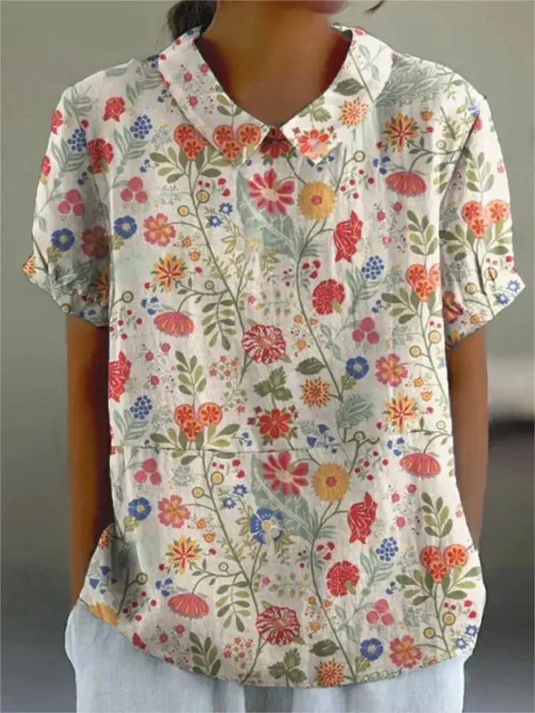 Floral Blouse | Short Sleeve | Loose Fit | Collared Blouse | Women's Summer Top-Fashion Nora