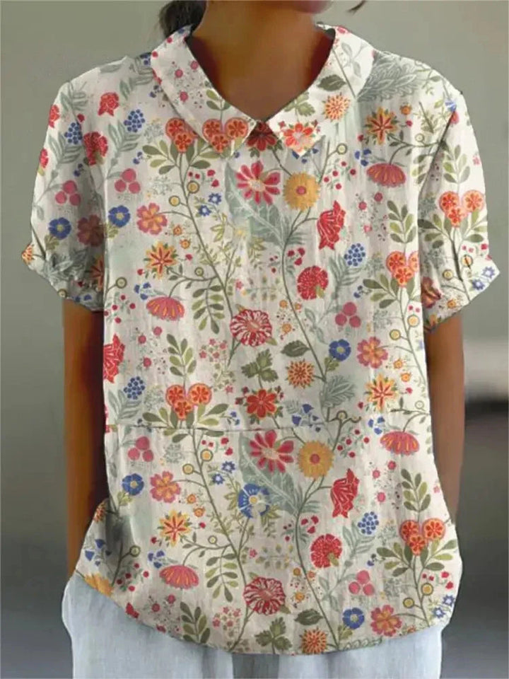 Floral Blouse | Short Sleeve | Loose Fit | Collared Blouse | Women's Summer Top-Fashion Nora