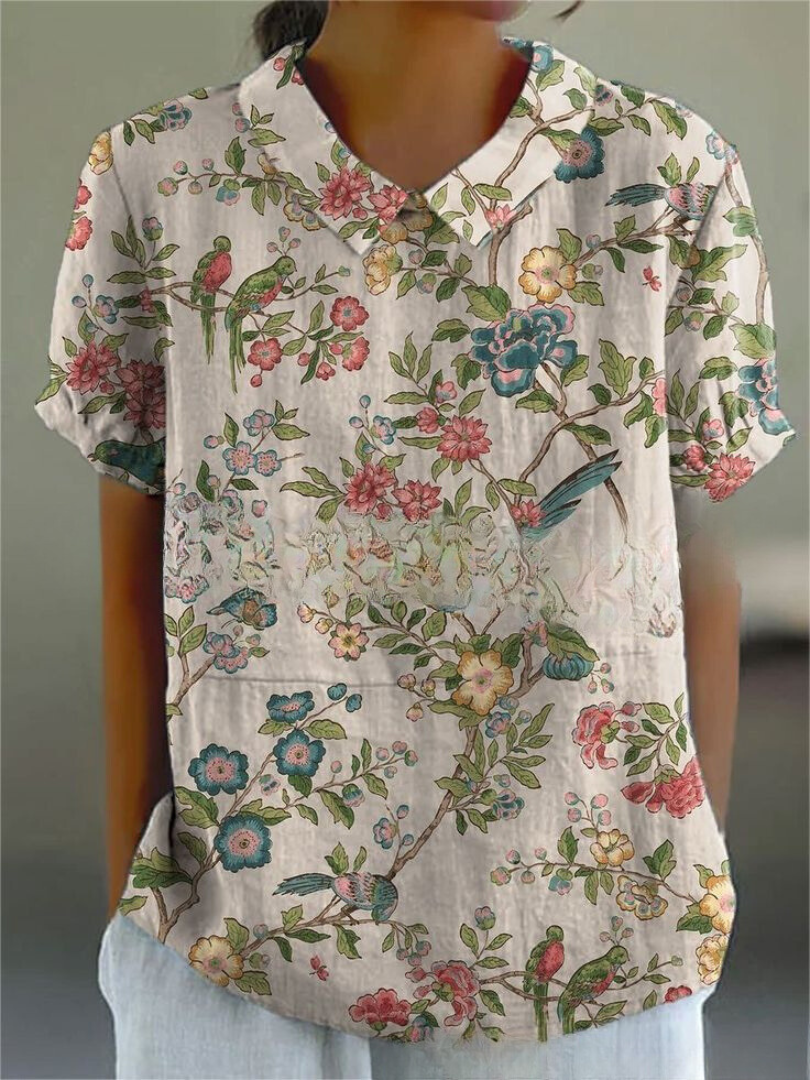 Floral Blouse | Short Sleeve | Loose Fit | Collared Blouse | Women's Summer Top-Fashion Nora