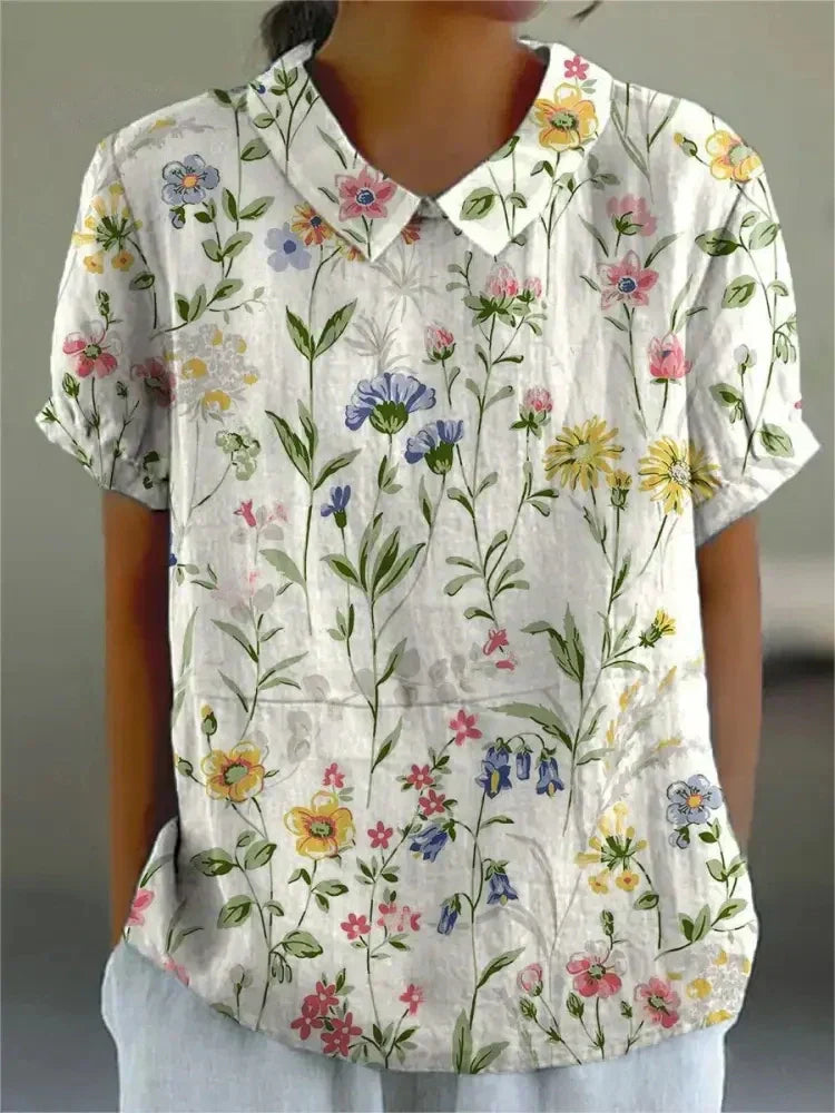 Floral Blouse | Short Sleeve | Loose Fit | Collared Blouse | Women's Summer Top-Fashion Nora