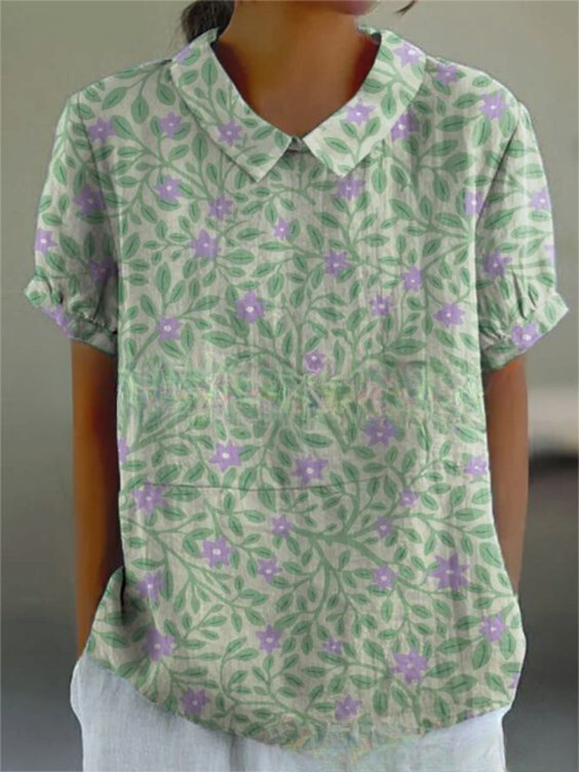 Floral Blouse | Short Sleeve | Loose Fit | Collared Blouse | Women's Summer Top-Fashion Nora
