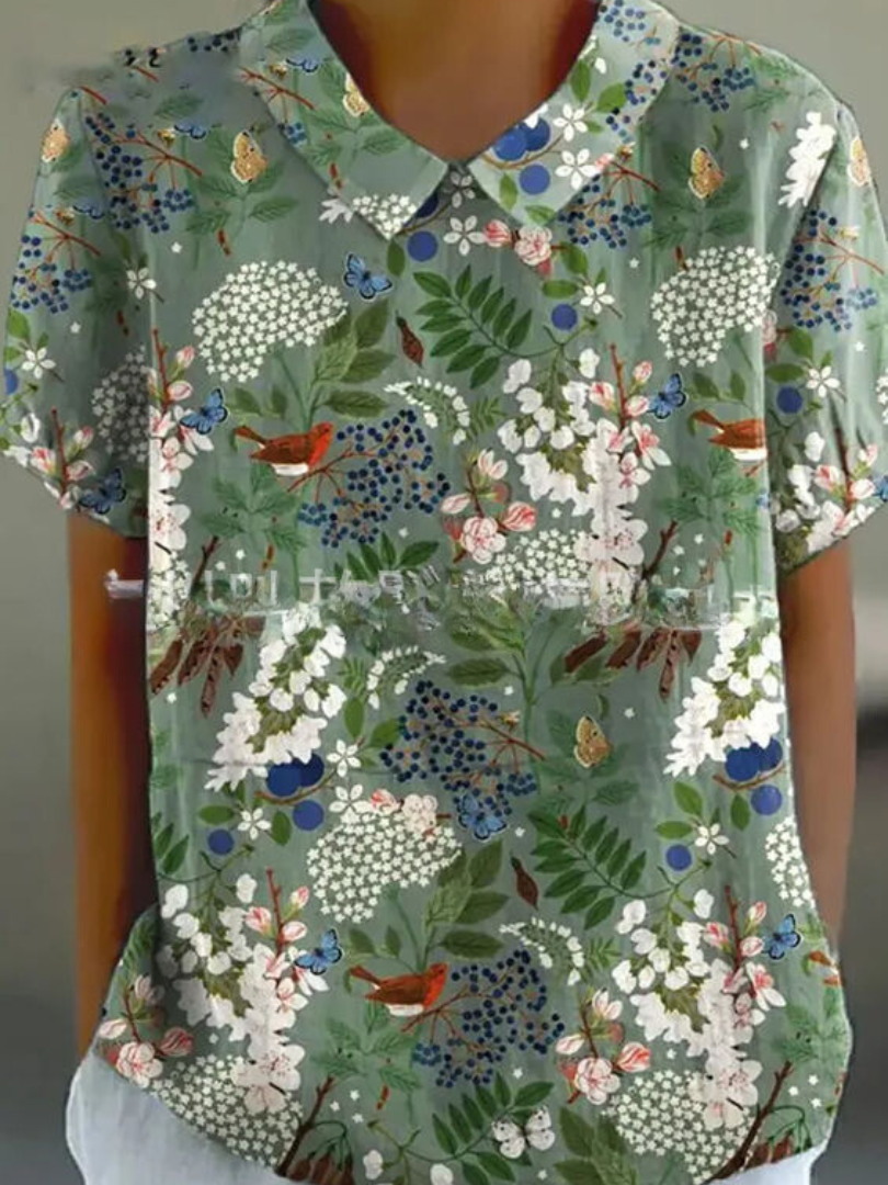 Floral Blouse | Short Sleeve | Loose Fit | Collared Blouse | Women's Summer Top-Fashion Nora