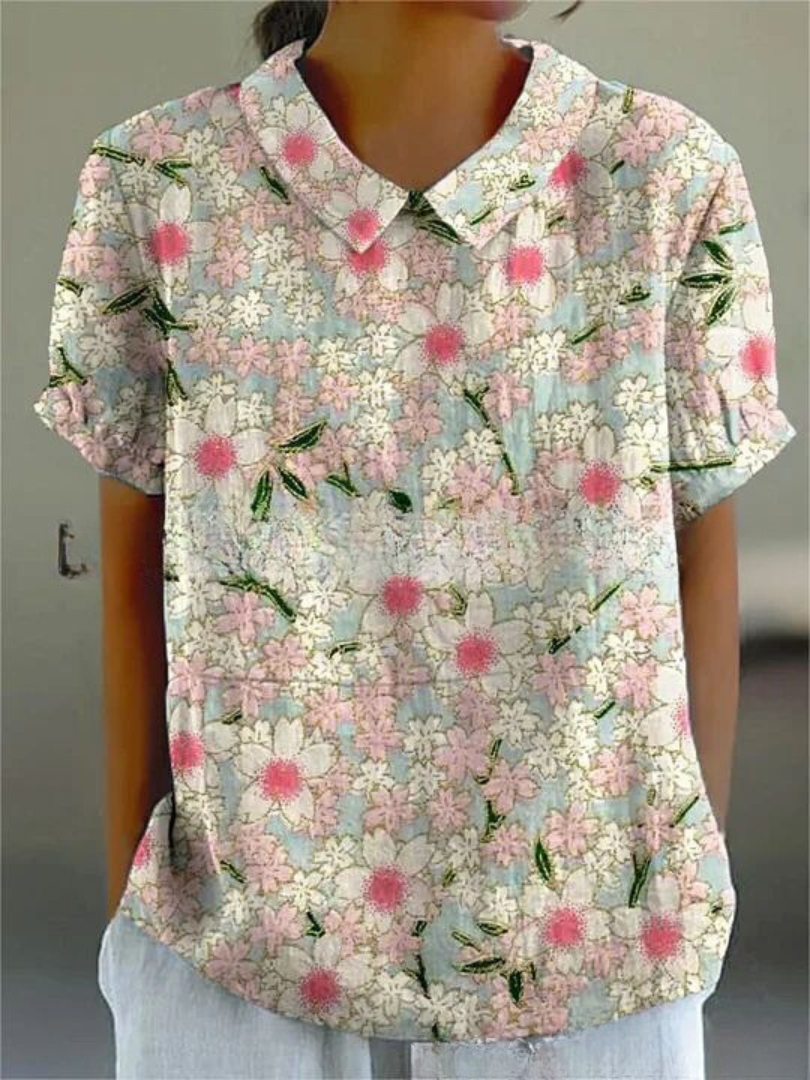 Floral Blouse | Short Sleeve | Loose Fit | Collared Blouse | Women's Summer Top-Fashion Nora