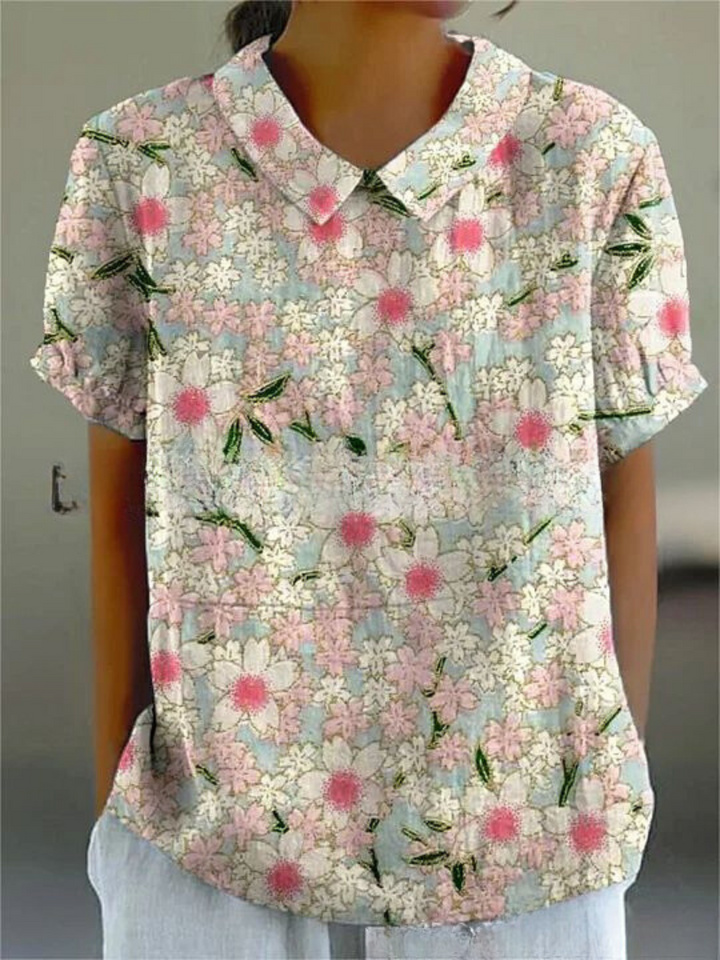 Floral Blouse | Short Sleeve | Loose Fit | Collared Blouse | Women's Summer Top-Fashion Nora