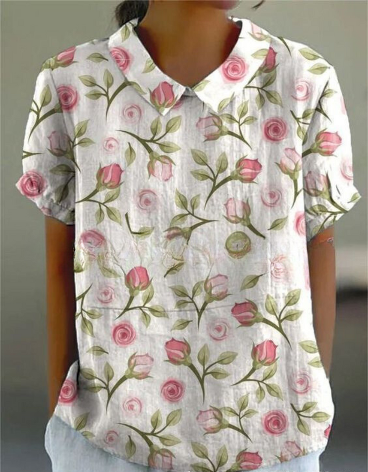 Floral Blouse | Short Sleeve | Loose Fit | Collared Blouse | Women's Summer Top-Fashion Nora