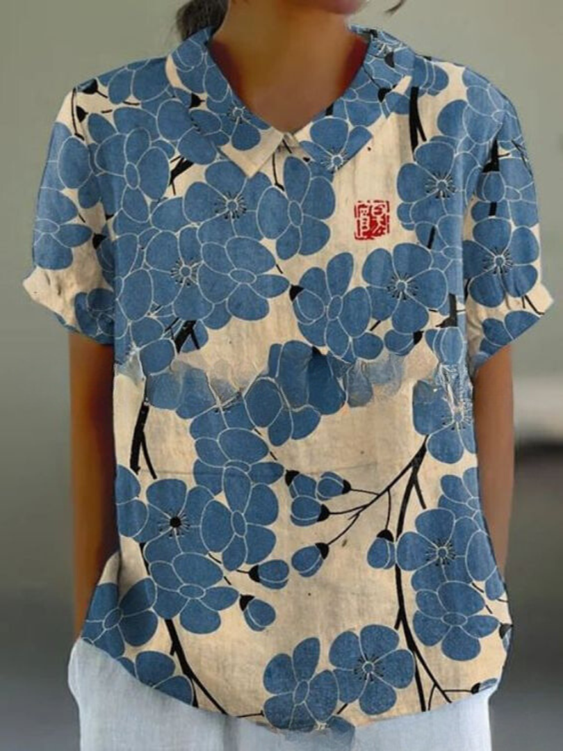 Floral Blouse | Short Sleeve | Loose Fit | Collared Blouse | Women's Summer Top-Fashion Nora