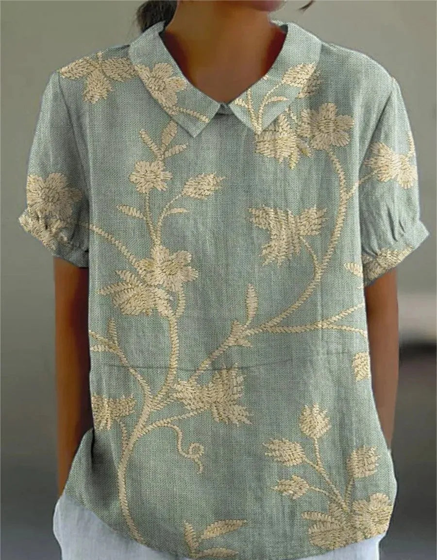 Floral Blouse | Short Sleeve | Loose Fit | Collared Blouse | Women's Summer Top-Fashion Nora