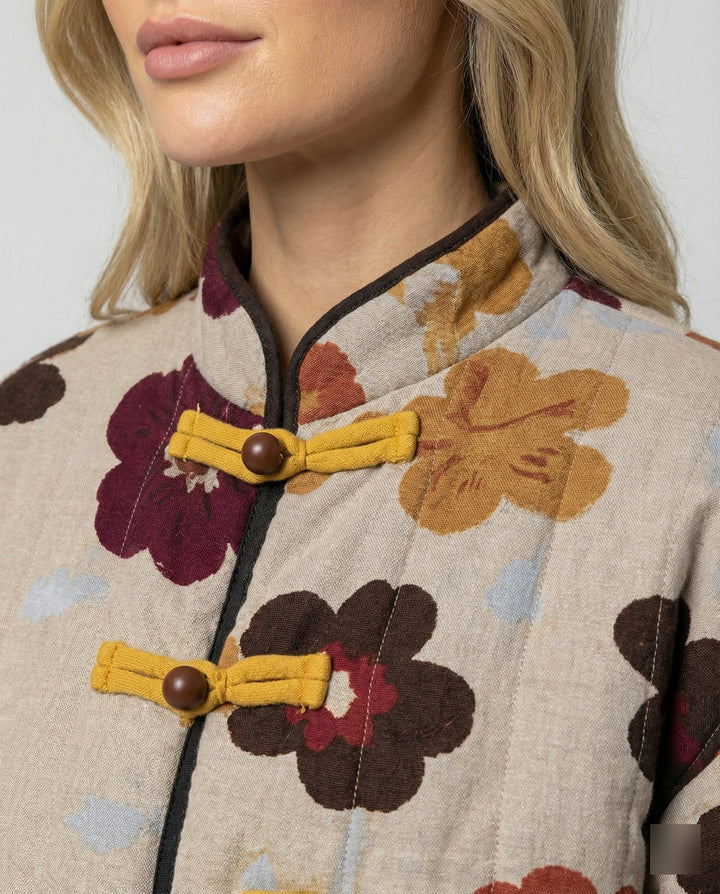 Floral Bouclé Jacket | Toggle Fastening | Balloon Sleeves-Fashion Nora