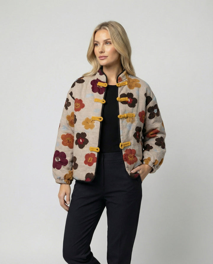 Floral Bouclé Jacket | Toggle Fastening | Balloon Sleeves-Fashion Nora