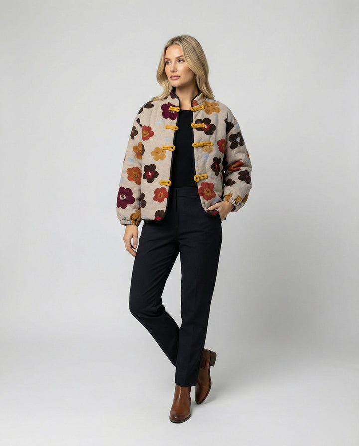 Floral Bouclé Jacket | Toggle Fastening | Balloon Sleeves-Fashion Nora