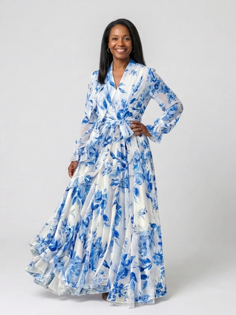Floral Maxi Dress | Long Sleeve Wrap | Tie Waist-Fashion Nora