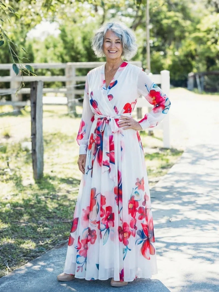 Floral Maxi Dress | Long Sleeve Wrap | Tie Waist-Fashion Nora