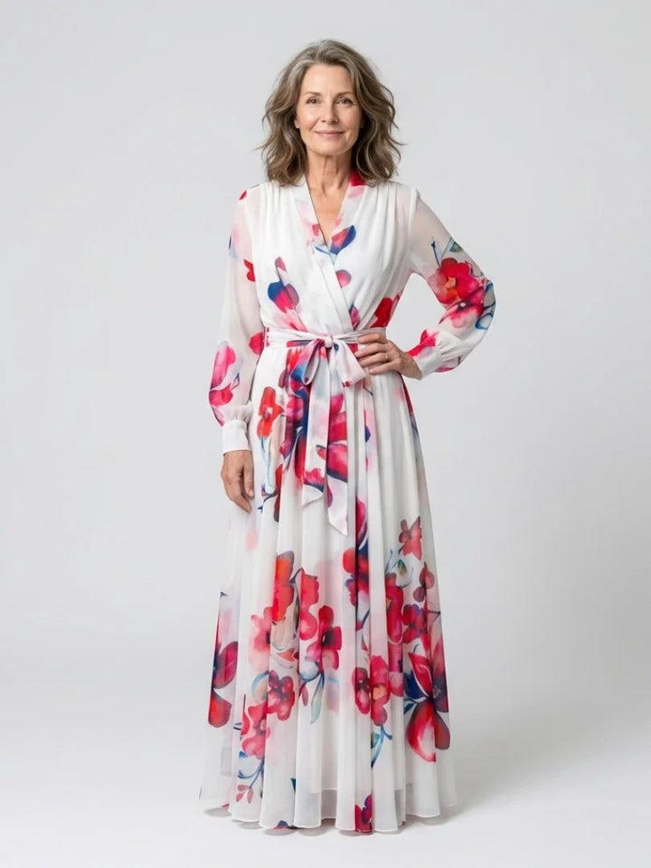 Floral Maxi Dress | Long Sleeve Wrap | Tie Waist-Fashion Nora