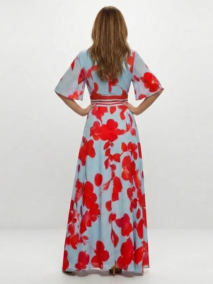 Floral Maxi Dress | Short Sleeve | V Neck-Fashion Nora