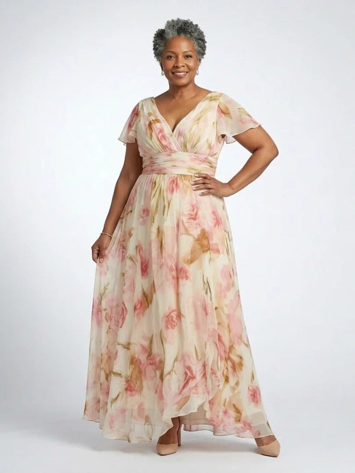Floral Maxi Dress | Short Sleeve | V Neck-Fashion Nora