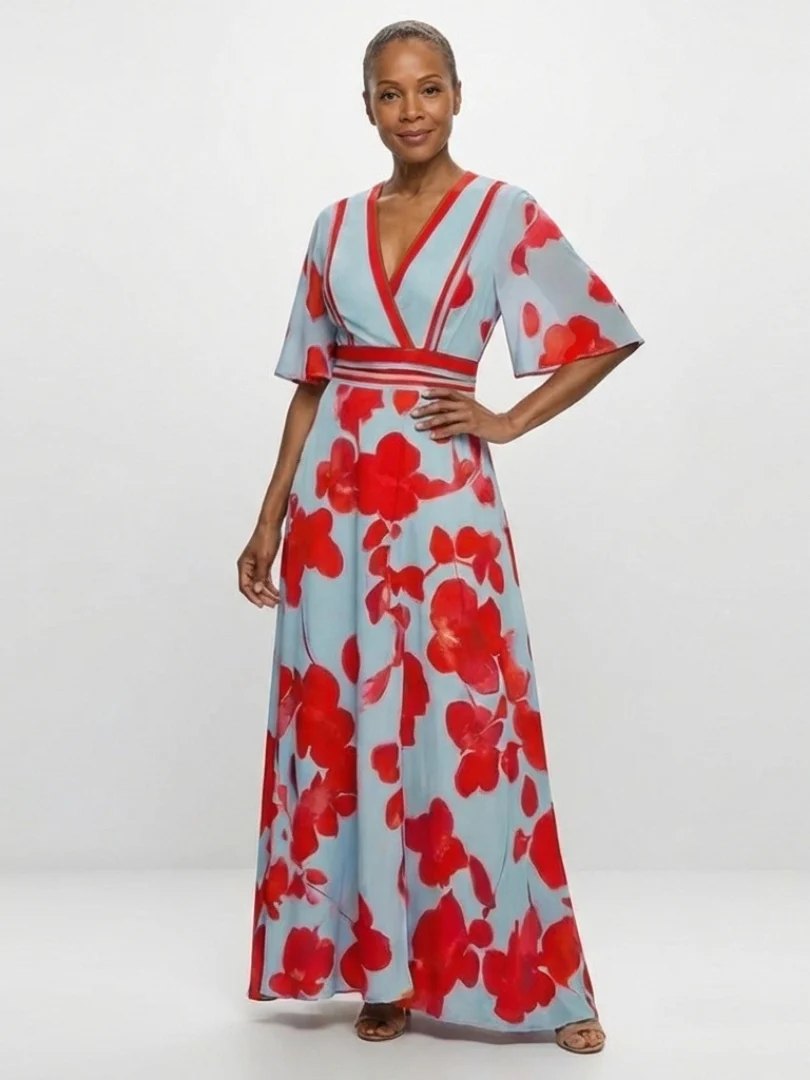 Floral Maxi Dress | Short Sleeve | V Neck-Fashion Nora