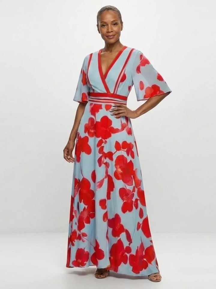 Floral Maxi Dress | Short Sleeve | V Neck-Fashion Nora