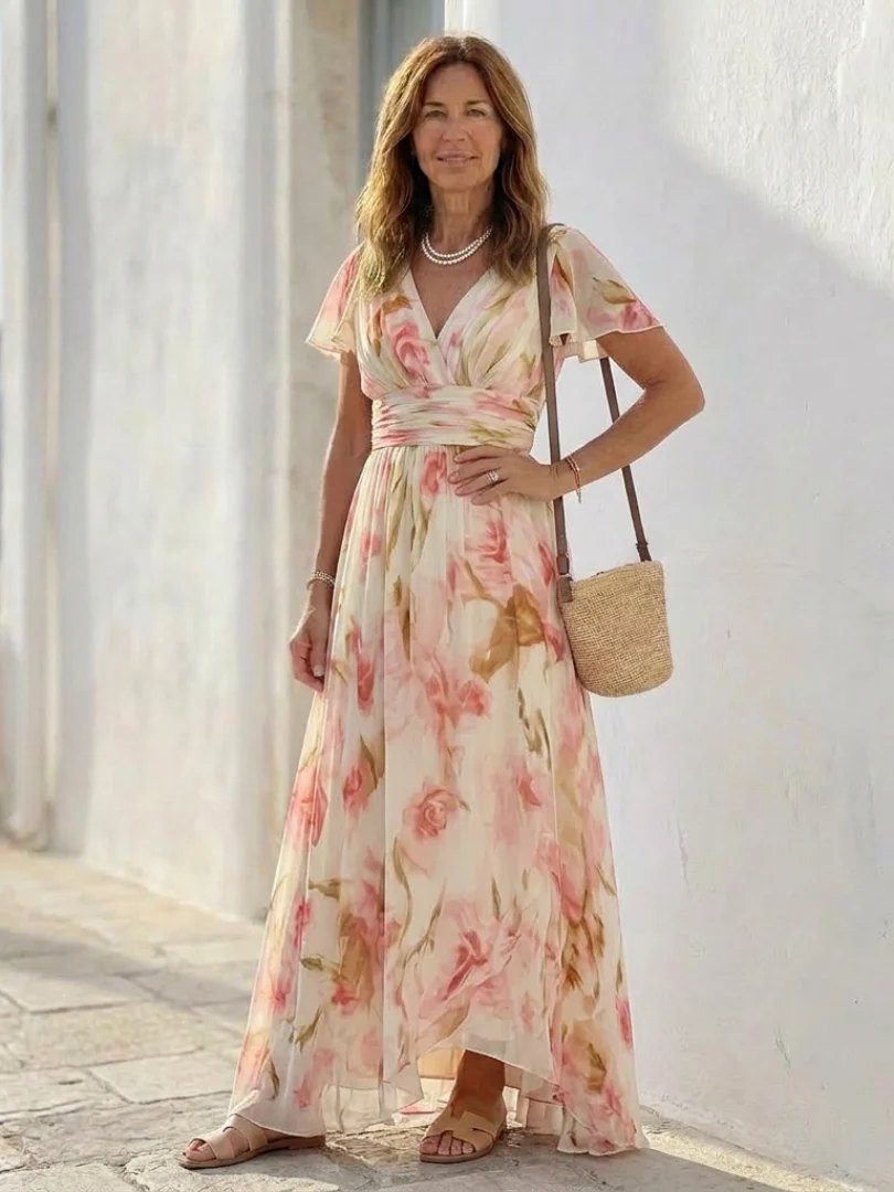 Floral Maxi Dress | Short Sleeve | V Neck-Fashion Nora