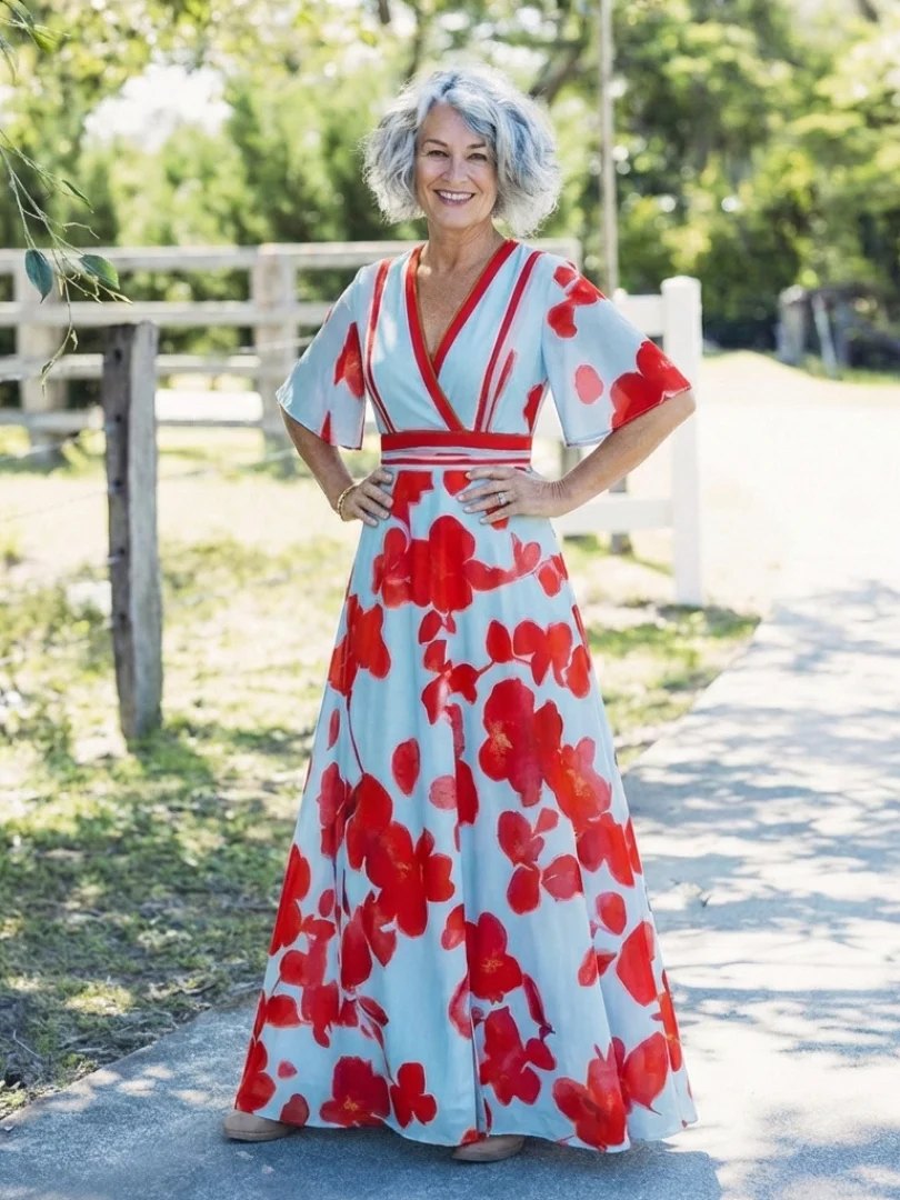 Floral Maxi Dress | Short Sleeve | V Neck-Fashion Nora