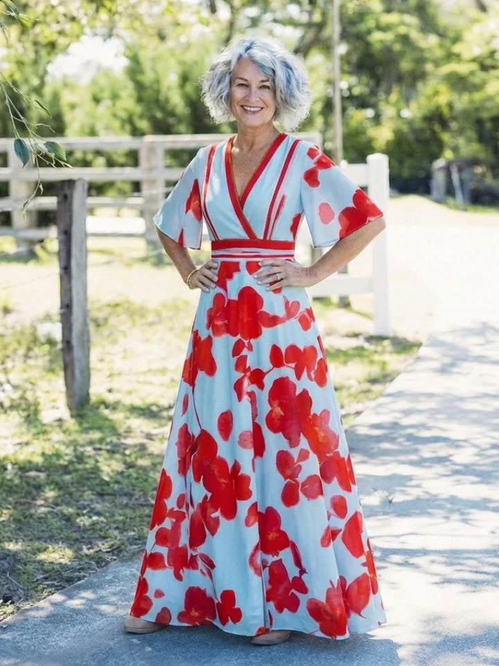Floral Maxi Dress | Short Sleeve | V Neck-Fashion Nora