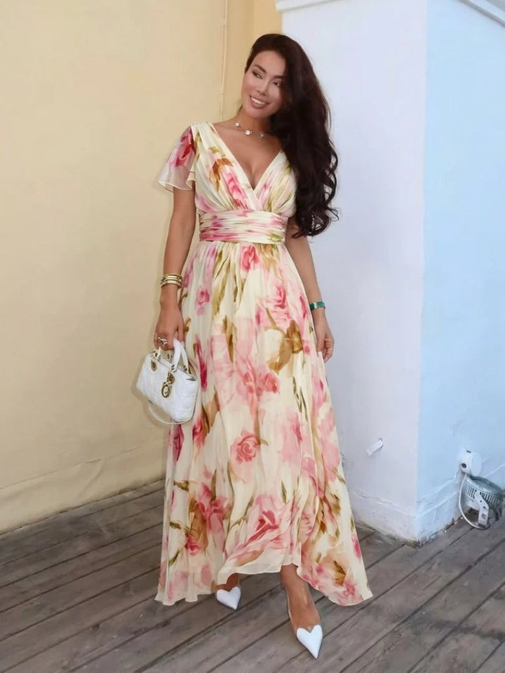 Floral Maxi Dress | Short Sleeve | V Neck-Fashion Nora