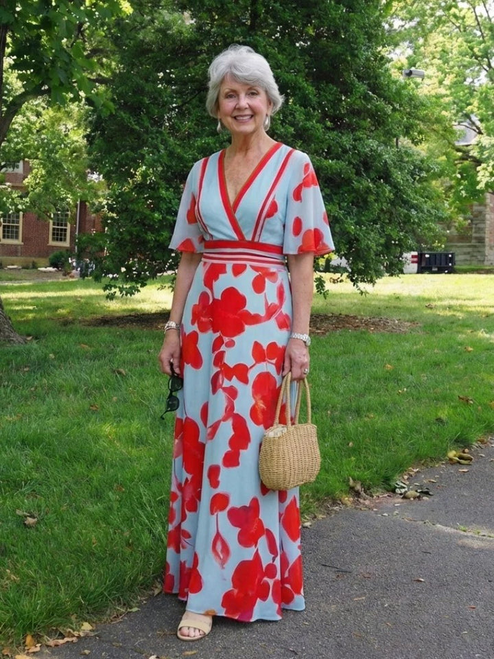 Floral Maxi Dress | Short Sleeve | V Neck-Fashion Nora