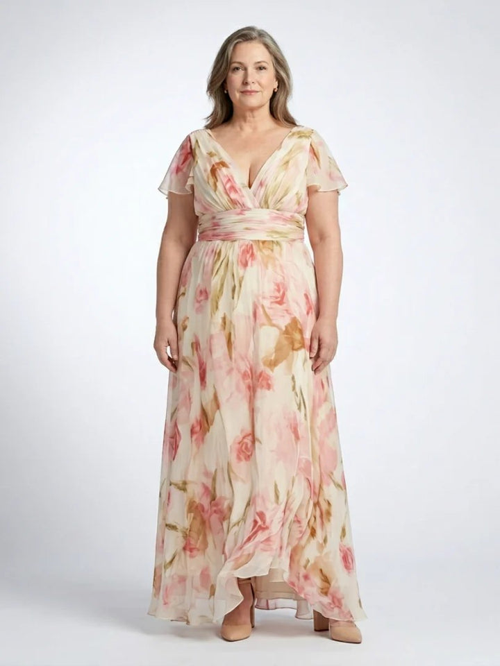 Floral Maxi Dress | Short Sleeve | V Neck-Fashion Nora