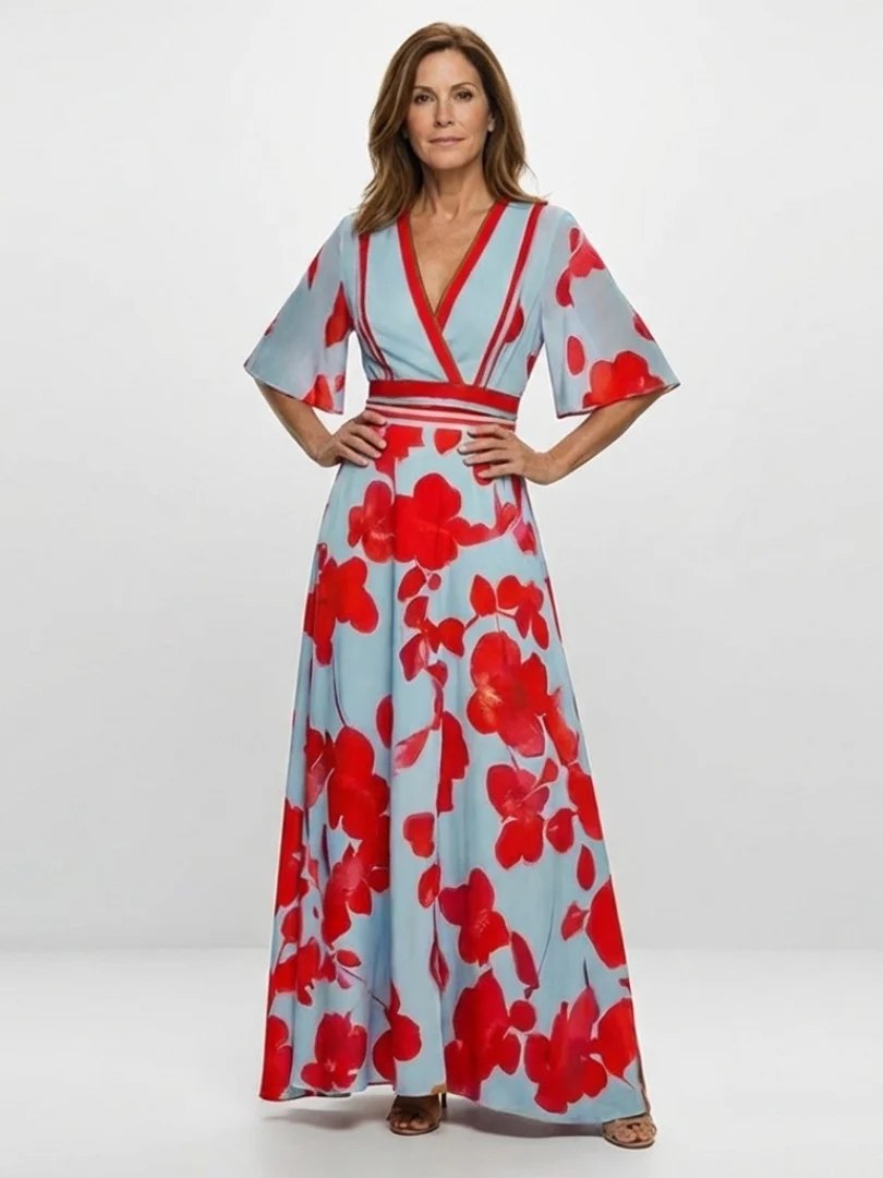 Floral Maxi Dress | Short Sleeve | V Neck-Fashion Nora