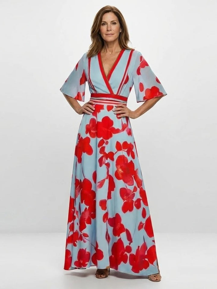 Floral Maxi Dress | Short Sleeve | V Neck-Fashion Nora