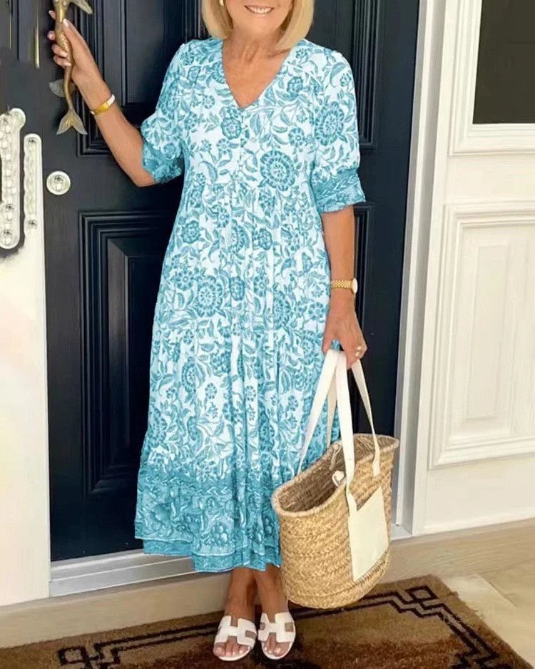 Floral Maxi Dress | V Neck | Soft Drape-Fashion Nora