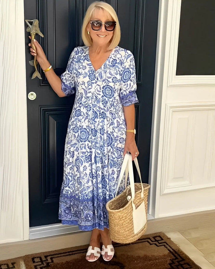 Floral Maxi Dress | V Neck | Soft Drape-Fashion Nora