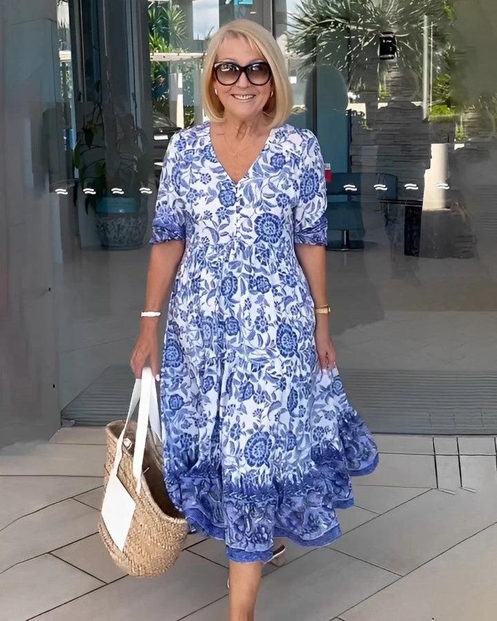 Floral Maxi Dress | V Neck | Soft Drape-Fashion Nora
