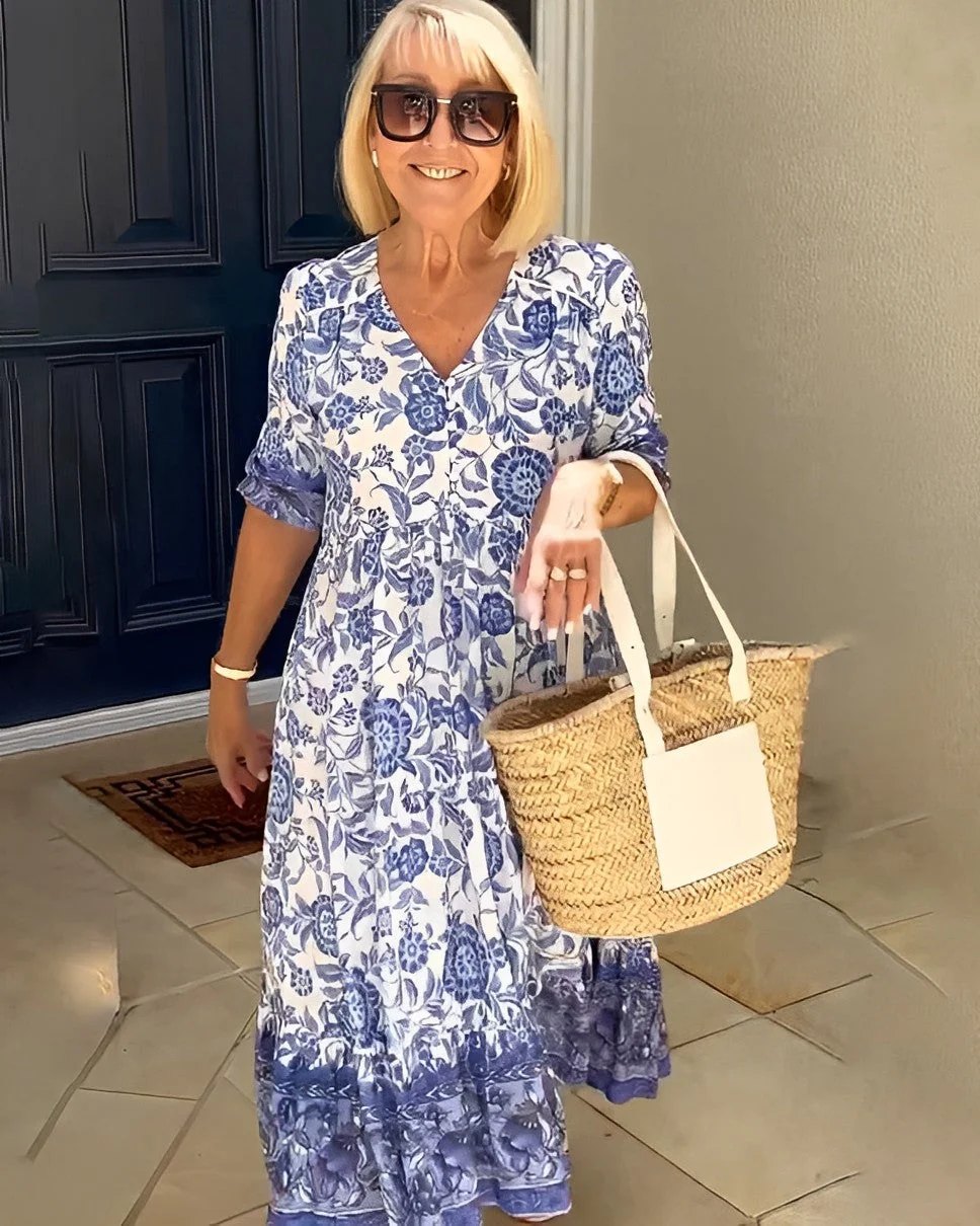 Floral Maxi Dress | V Neck | Soft Drape-Fashion Nora