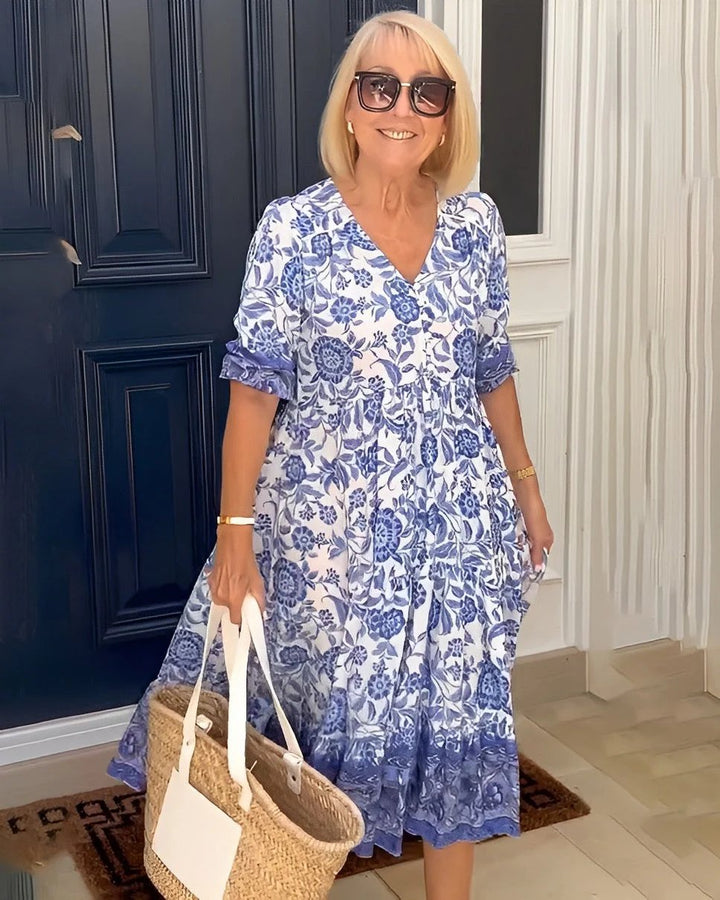 Floral Maxi Dress | V Neck | Soft Drape-Fashion Nora