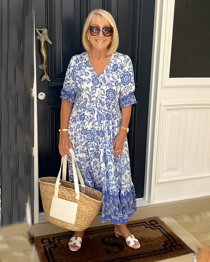 Floral Maxi Dress | V Neck | Soft Drape-Fashion Nora