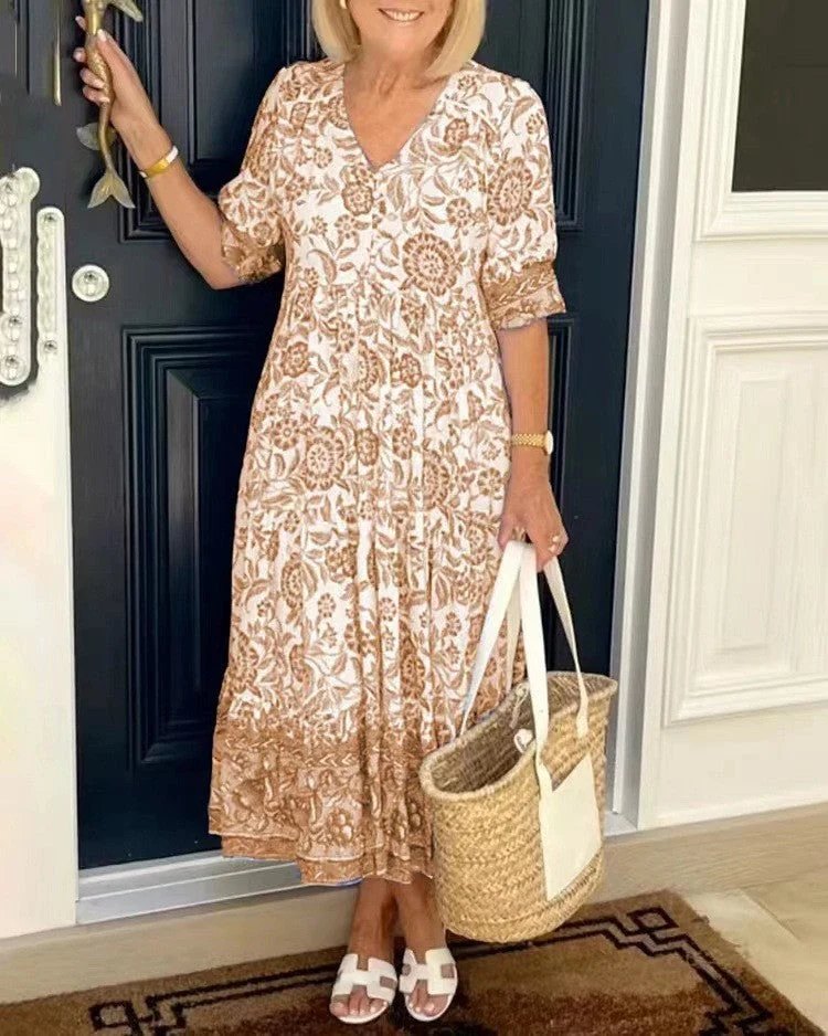 Floral Maxi Dress | V Neck | Soft Drape-Fashion Nora