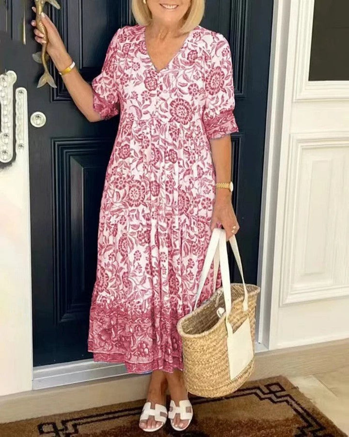 Floral Maxi Dress | V Neck | Soft Drape-Fashion Nora